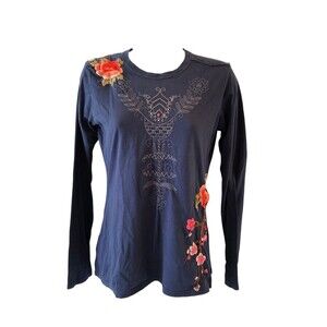 Johnny Was Top size Small Long Sleeve Tee Dark Blue Floral Embroidered JWLA